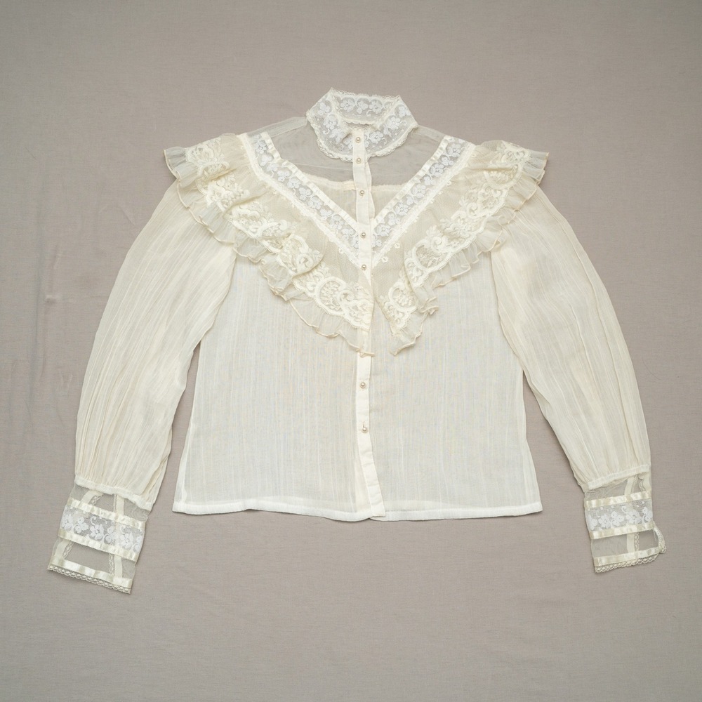 70s 80s Gauze Edwardian Lace Blouse Victorian Sheer Dress‎ Shirt Top Gunne Sax?